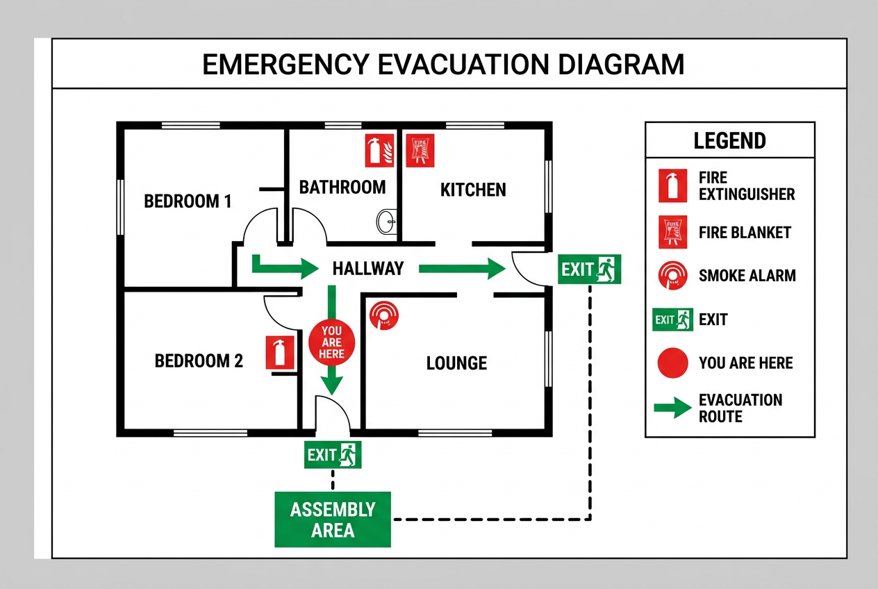 Sample NDIS evacuation diagram showing exit routes, fire-safety symbols, 'You Are Here' and assembly area