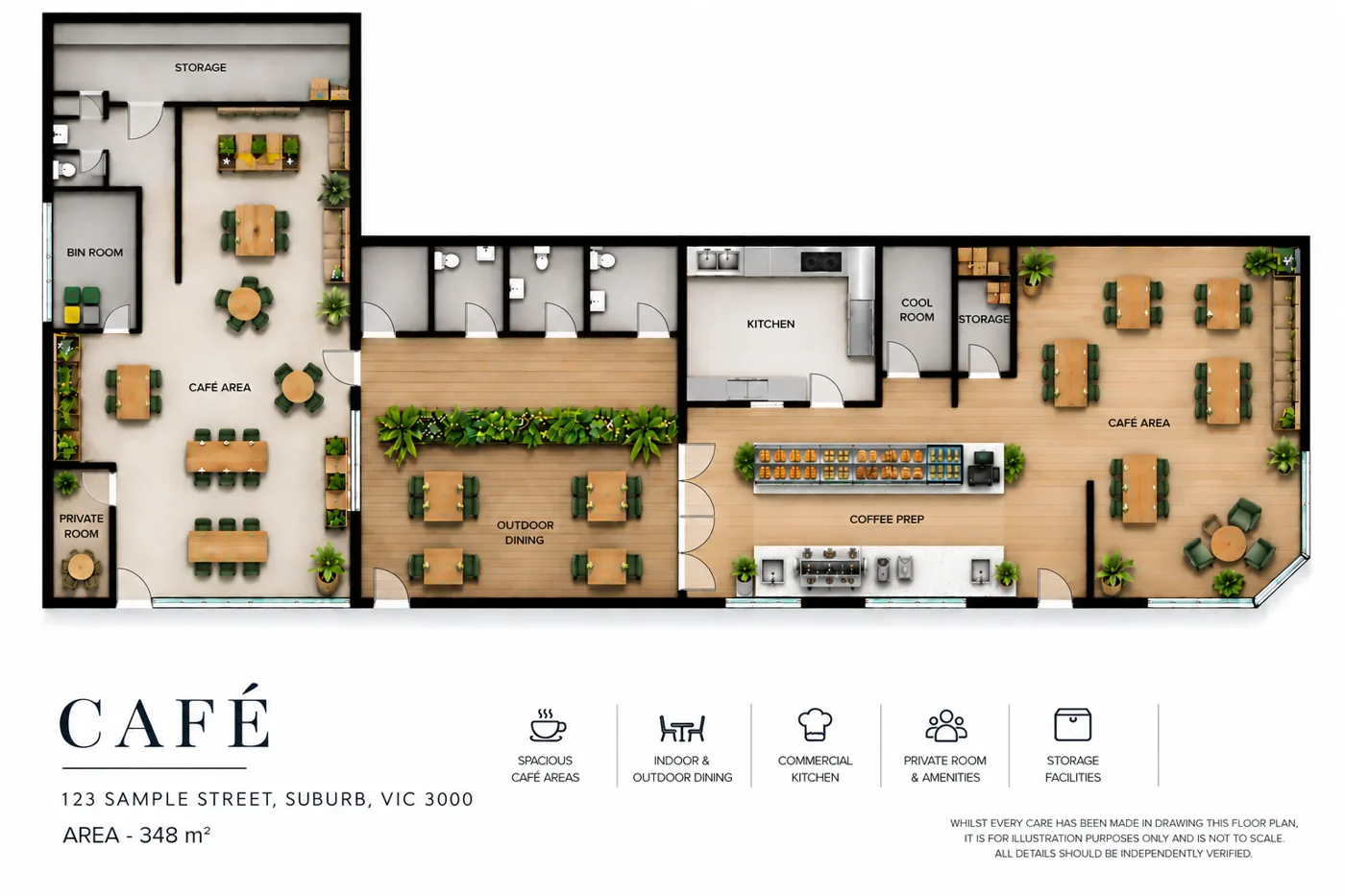 Demonstration café marketing floor plan showing dining, kitchen and outdoor seating areas.