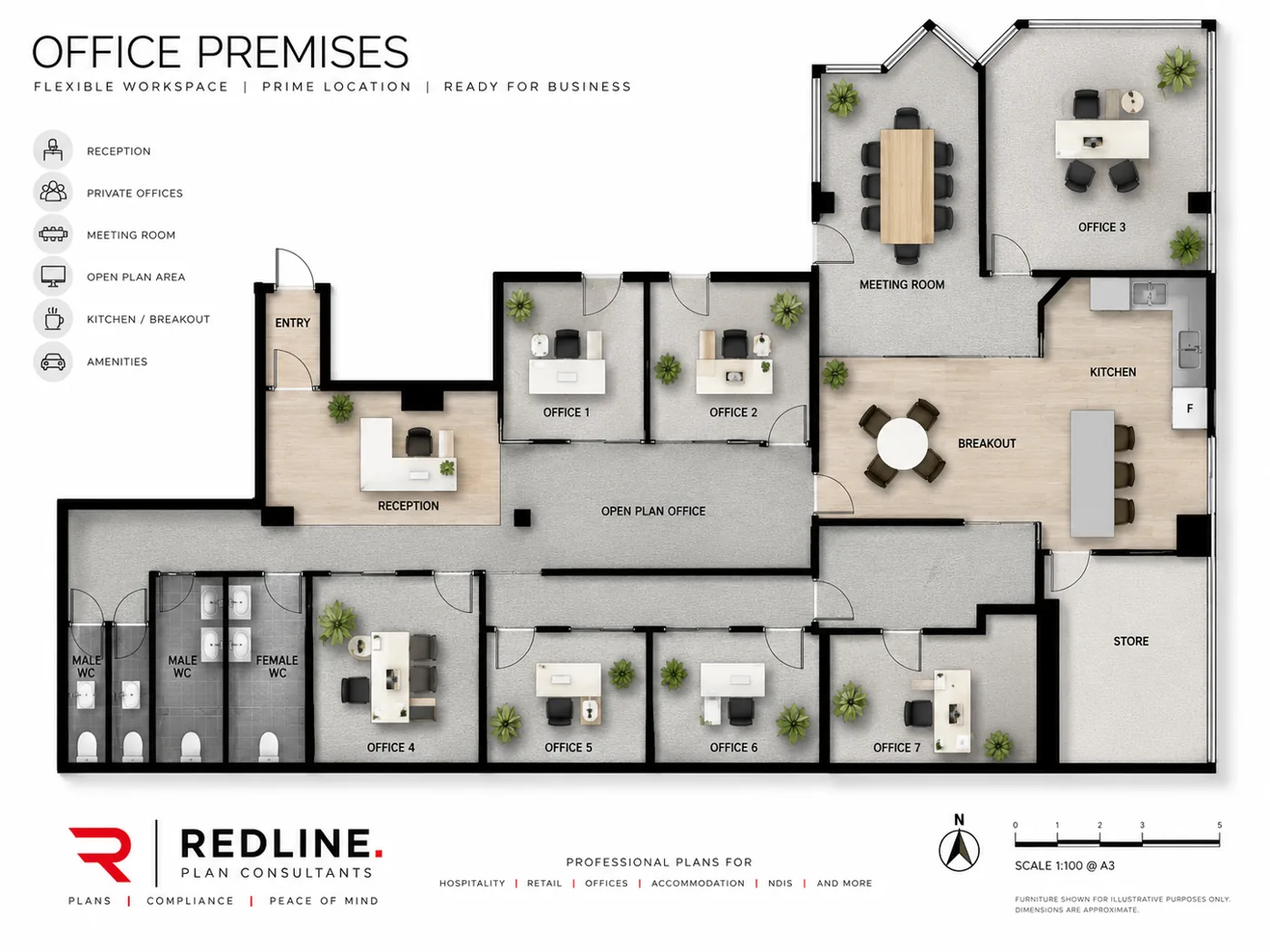 Demonstration office marketing floor plan showing reception, private offices, meeting and breakout areas.