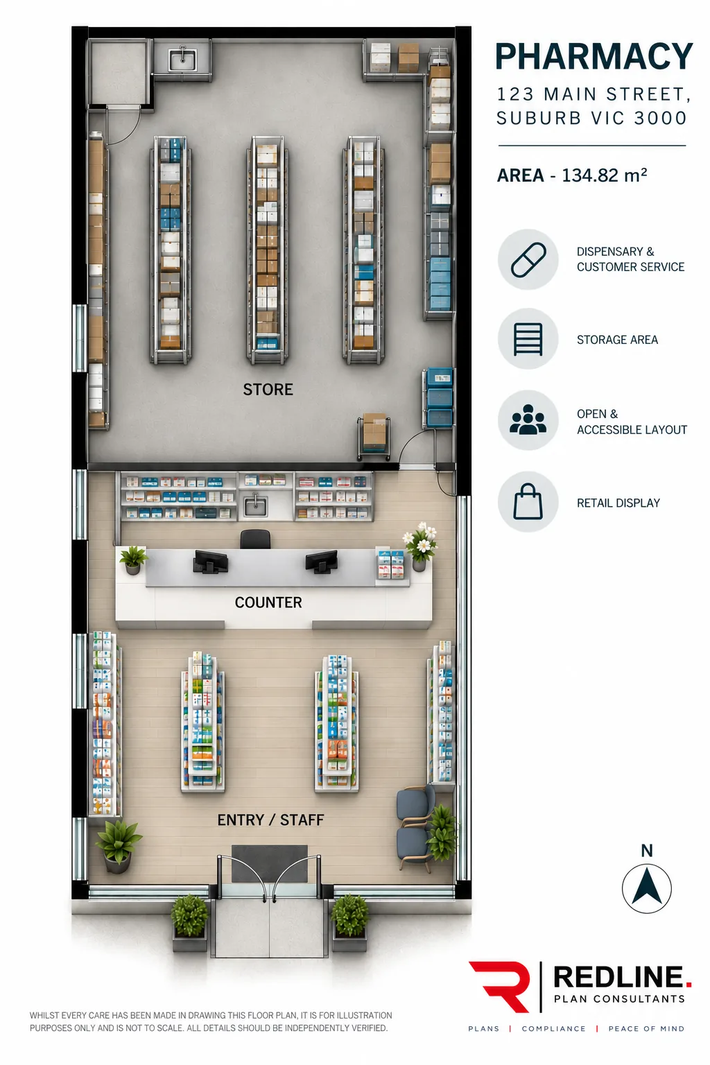 Demonstration pharmacy marketing floor plan showing retail aisles, counters and supporting spaces.
